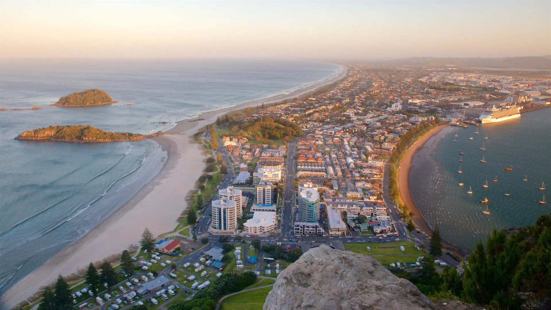 Aerial view of the Papamoa coastline and local township